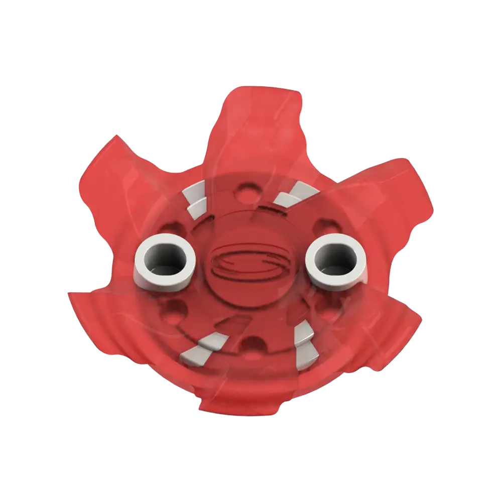 Front side angle of red Pivix Golf Spikes