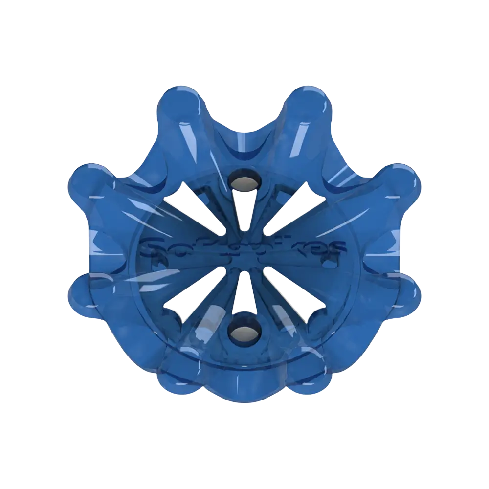 Back side angle of blue Pulsar Golf Spikes