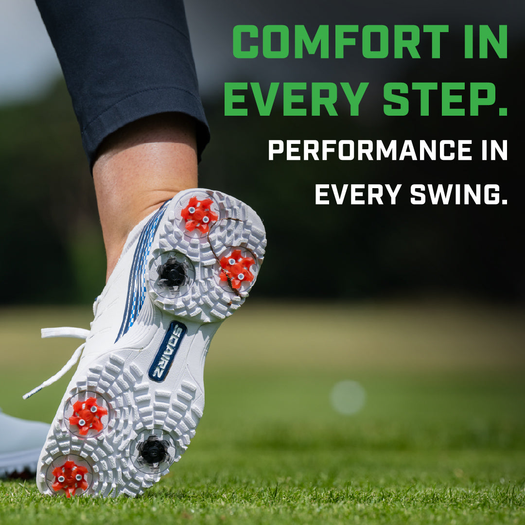 A golf shoe with red and black Pivix spikes attached with an overlay describing there is comfort in every step.