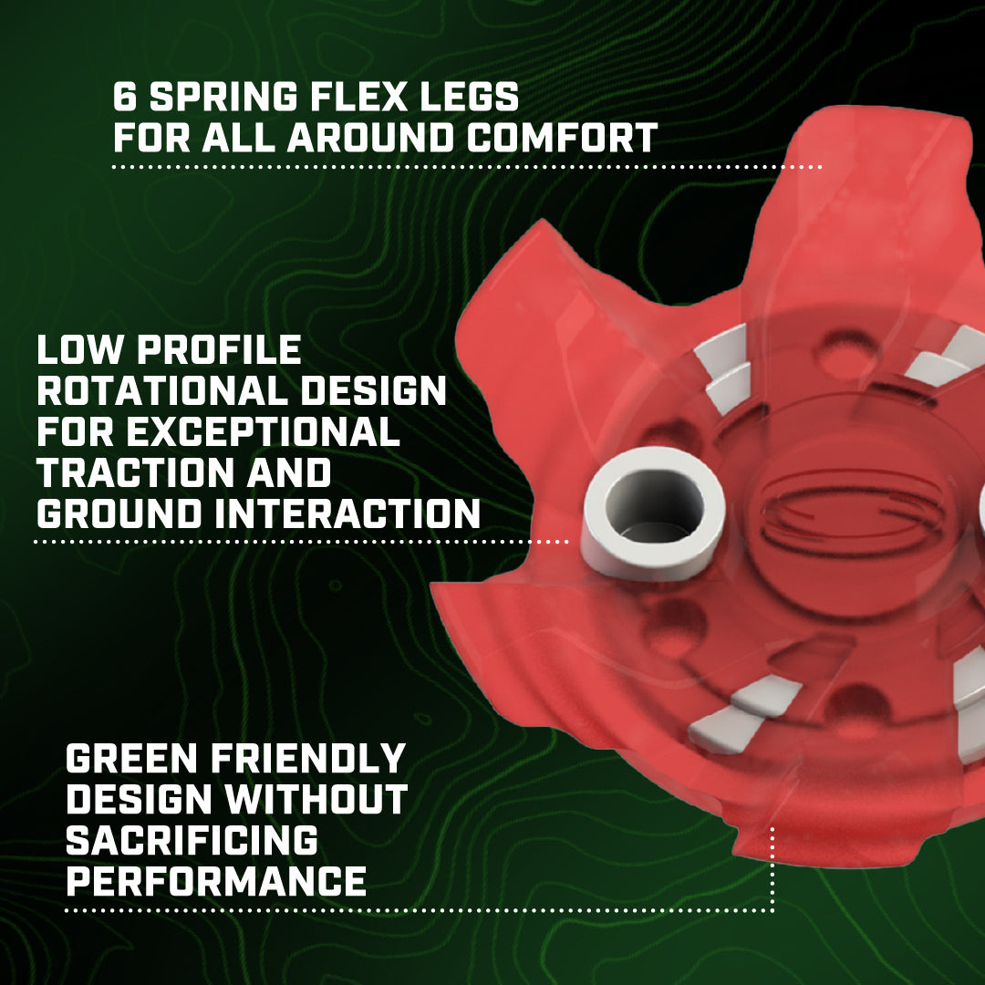 A red Pivix Golf Spike showing the features of the product.