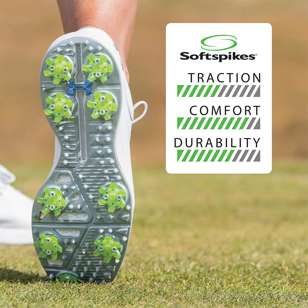 A persons golf shoes with the Pivix golf spikes attached showing the levels of traction, comfort and durability.