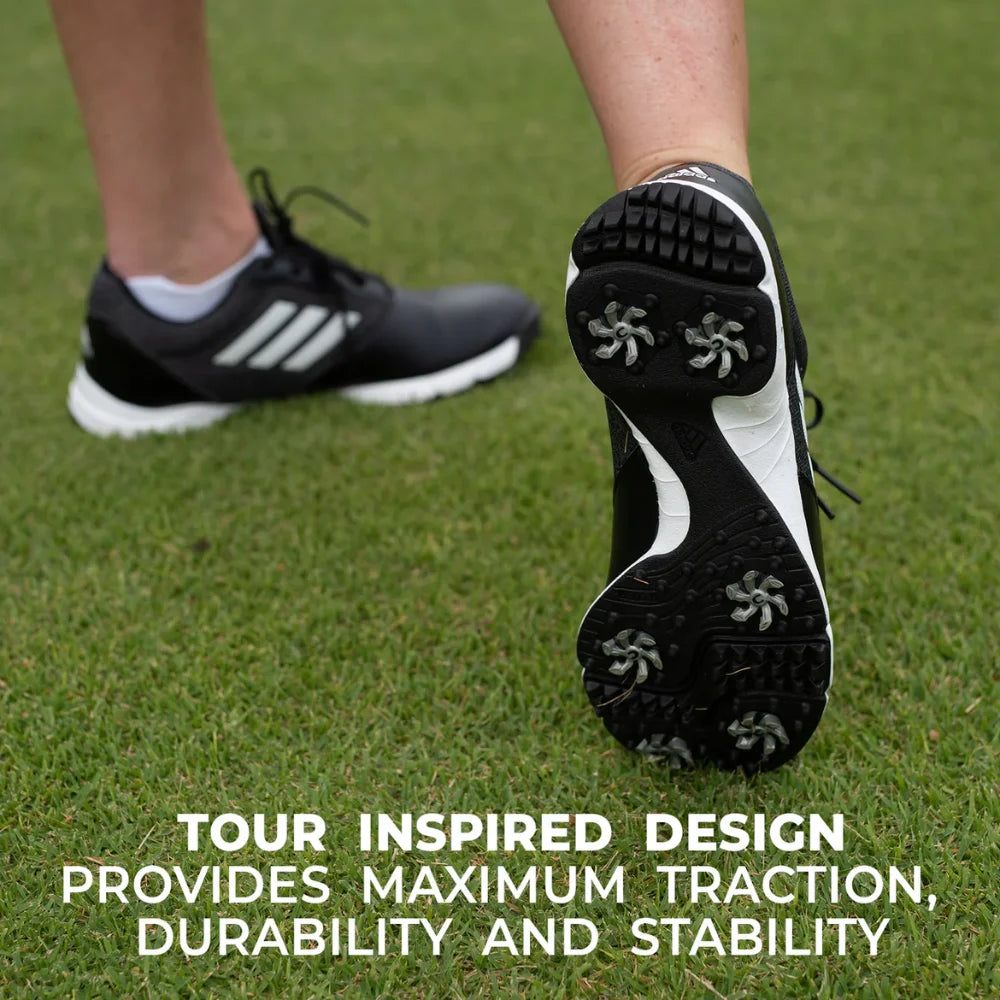 Up close of a person wearing golf cleats. Text underneath saying "Tour inspired design - provides maximum traction, durability and stability."