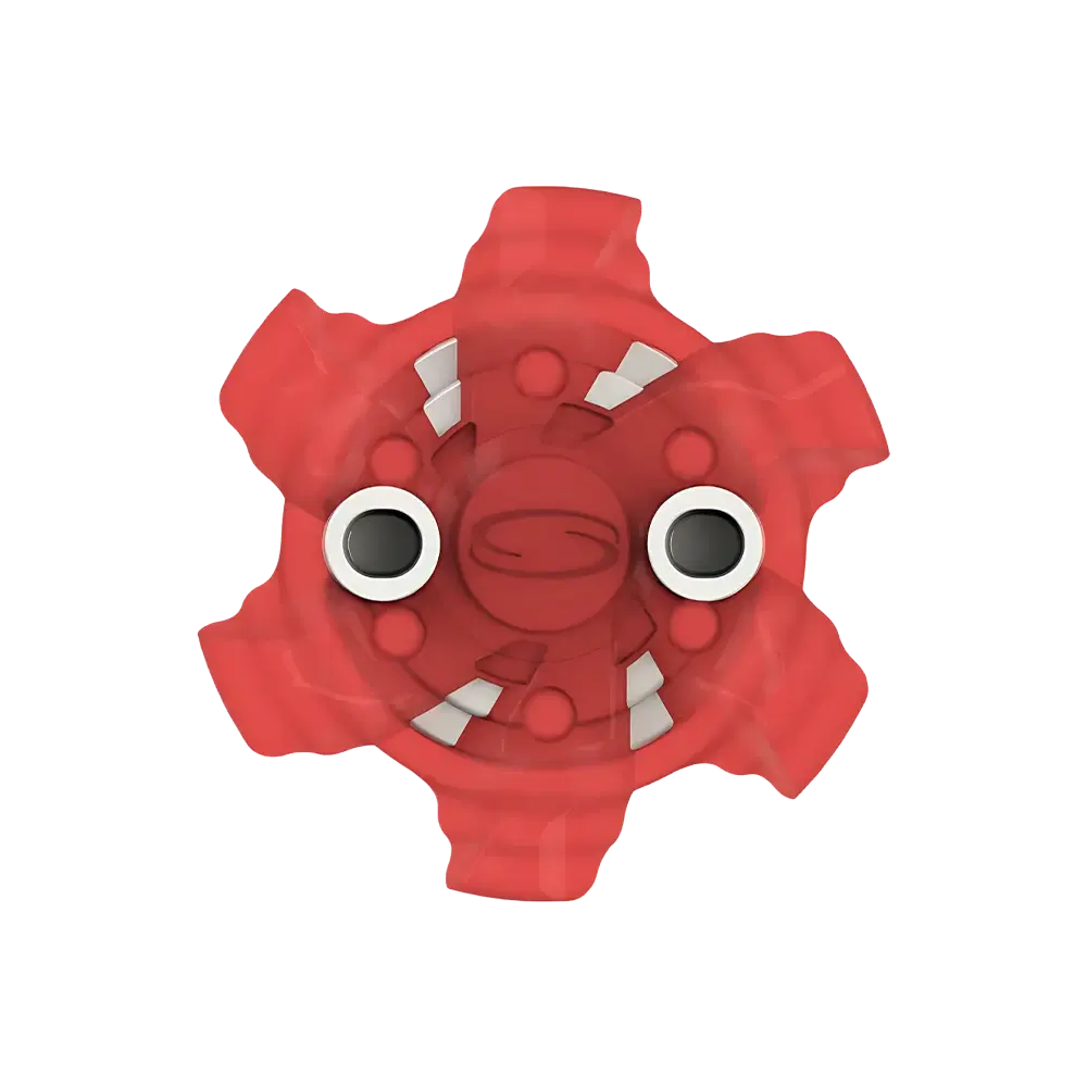 Front angle of red Pivix Golf Spikes