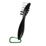 Black utility brush with white bristles and a green carabiner clip on a white background