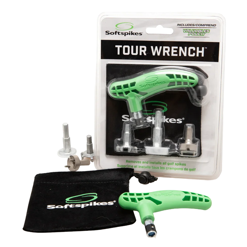 Softspikes Tour Wrench Kit packaging and the Softspikes Tour Wrench Kit with a black bag.