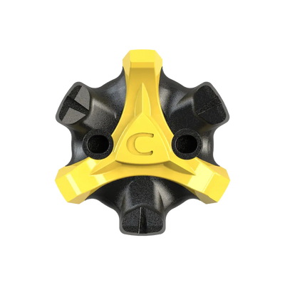 Front angle of the yellow and black Scorpion Stinger Golf Spikes