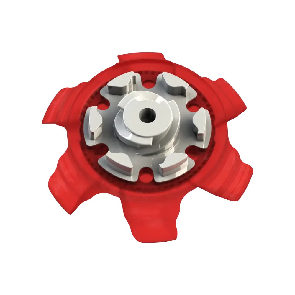 Back angle of red Pivix Golf Spikes