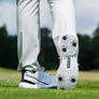The bottom of a golfers shoe showing the attached Pivix Golf Spikes to the shoe. 