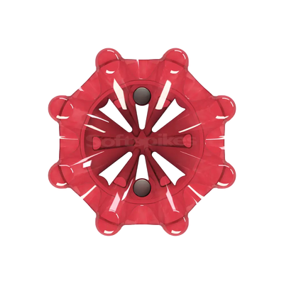 Bottom view of red Pulsar golf spike on a white background