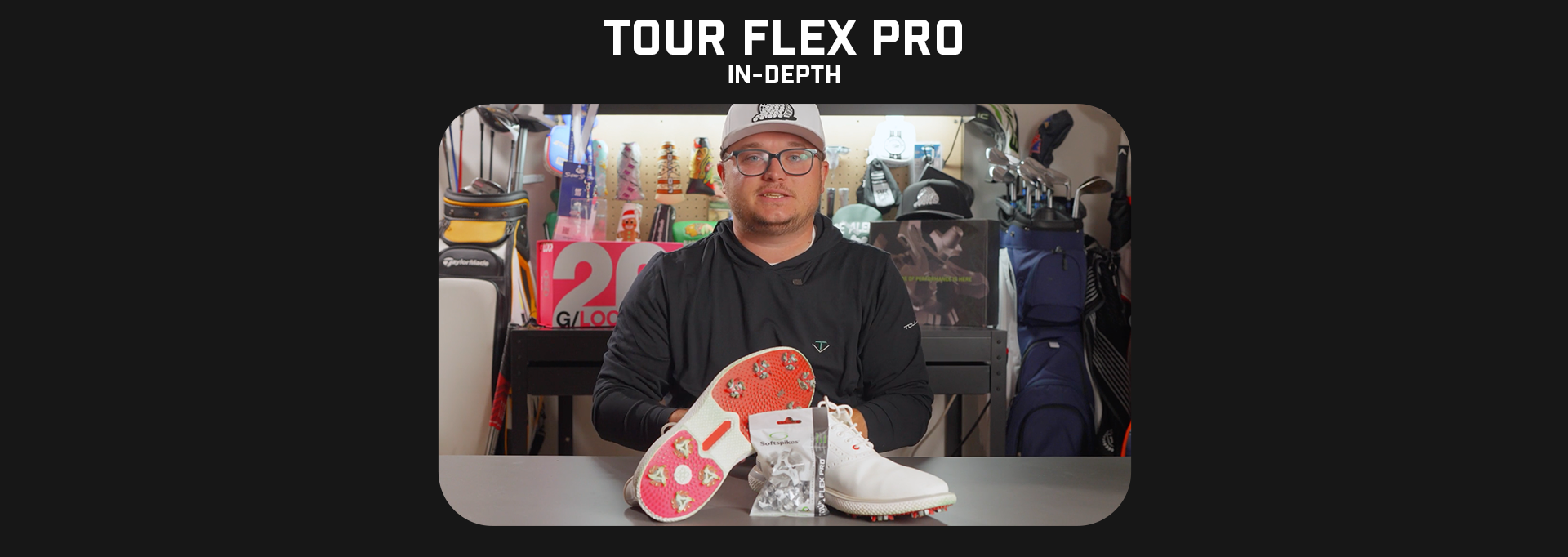 Jake Morrow explaining the Tour Flex Pro spikes in a garage setting. 