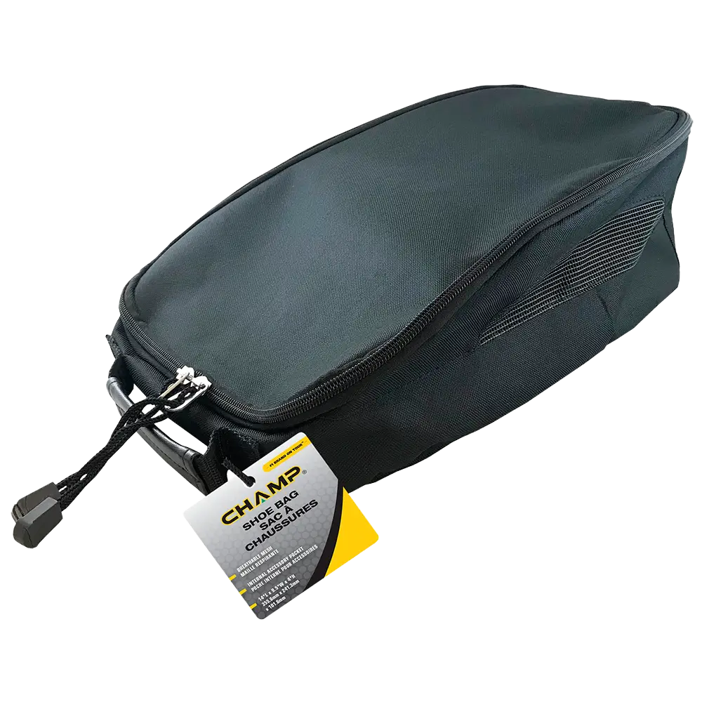 A black Champ Shoe Bag that is zipped closed. 