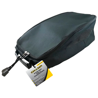 A black Champ Shoe Bag that is zipped closed. 
