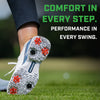 A golf shoe with red and black Pivix spikes attached with an overlay describing there is comfort in every step. 