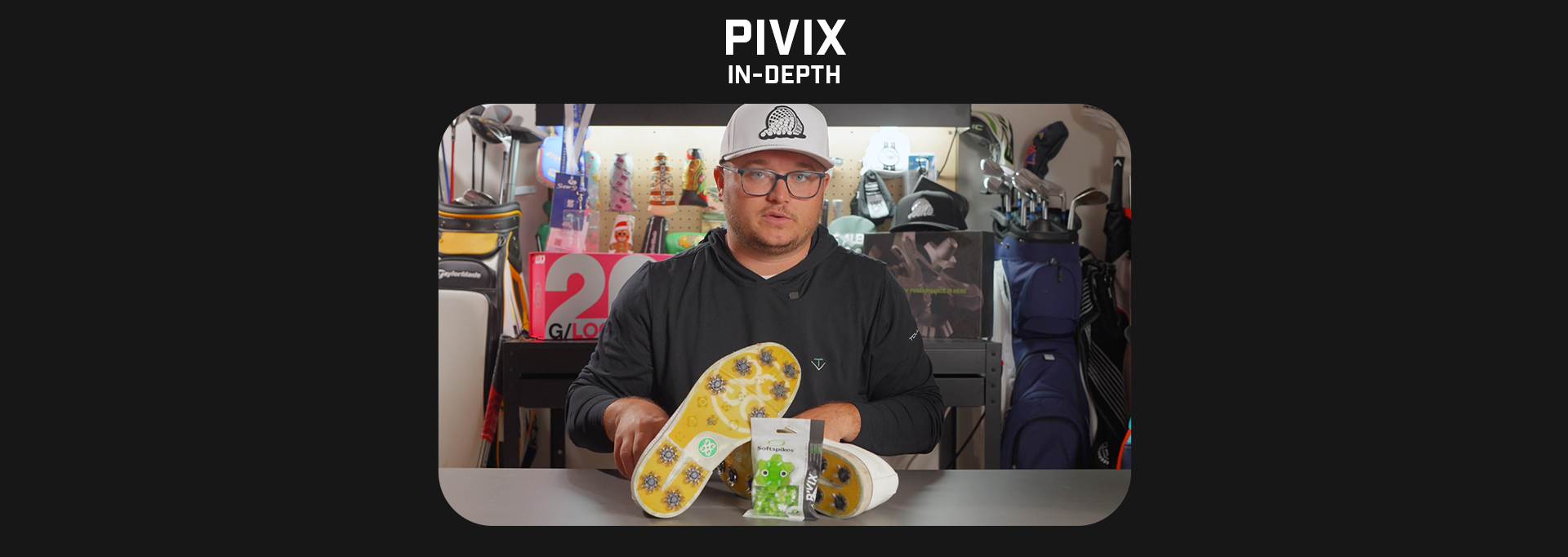 Jake Morrow explaining the Pivix golf spike in a garage setting. 
