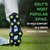 Green Pulsar Golf Spikes attached to a golf shoe showing they are the most popular spike. 