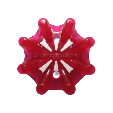 Front view of the Pulsar Golf Spikes berry/white.