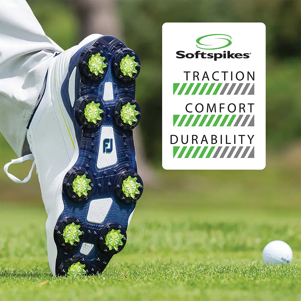 A green Pulsar Golf Spike attached to a golf shoe showing the traction, comfort and durability gauges. 