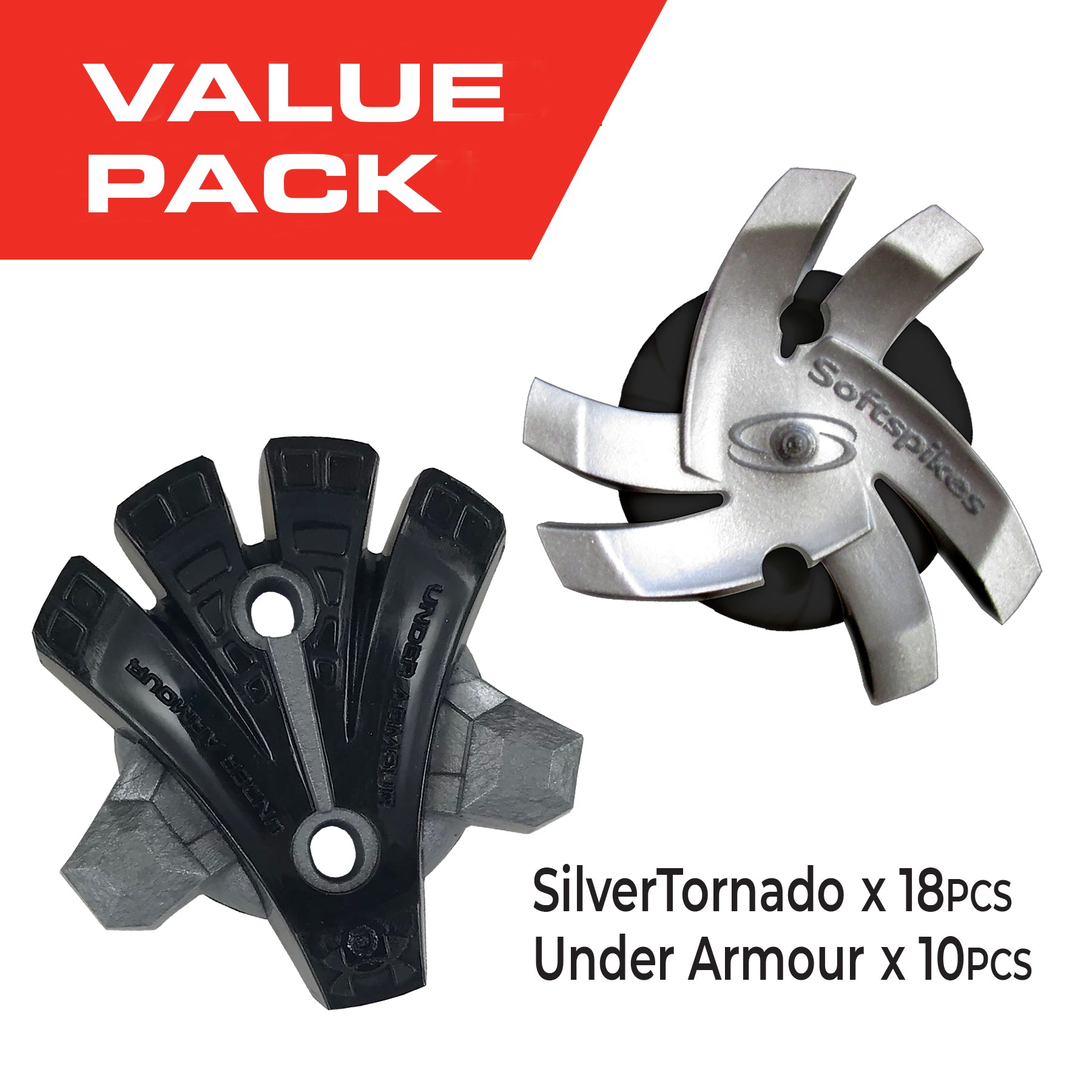 Silver Tornado Spike and Under Armour RST spike shown together as a value pack. 