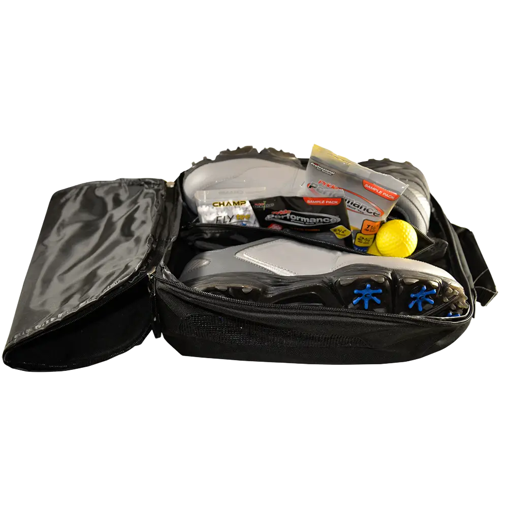 An unzipped Champ Shoe Bag showing the golf contents inside the bag. 