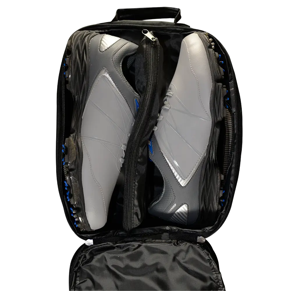 Top view of the Champ Shoe Bag showing the contents of golf shoes. 