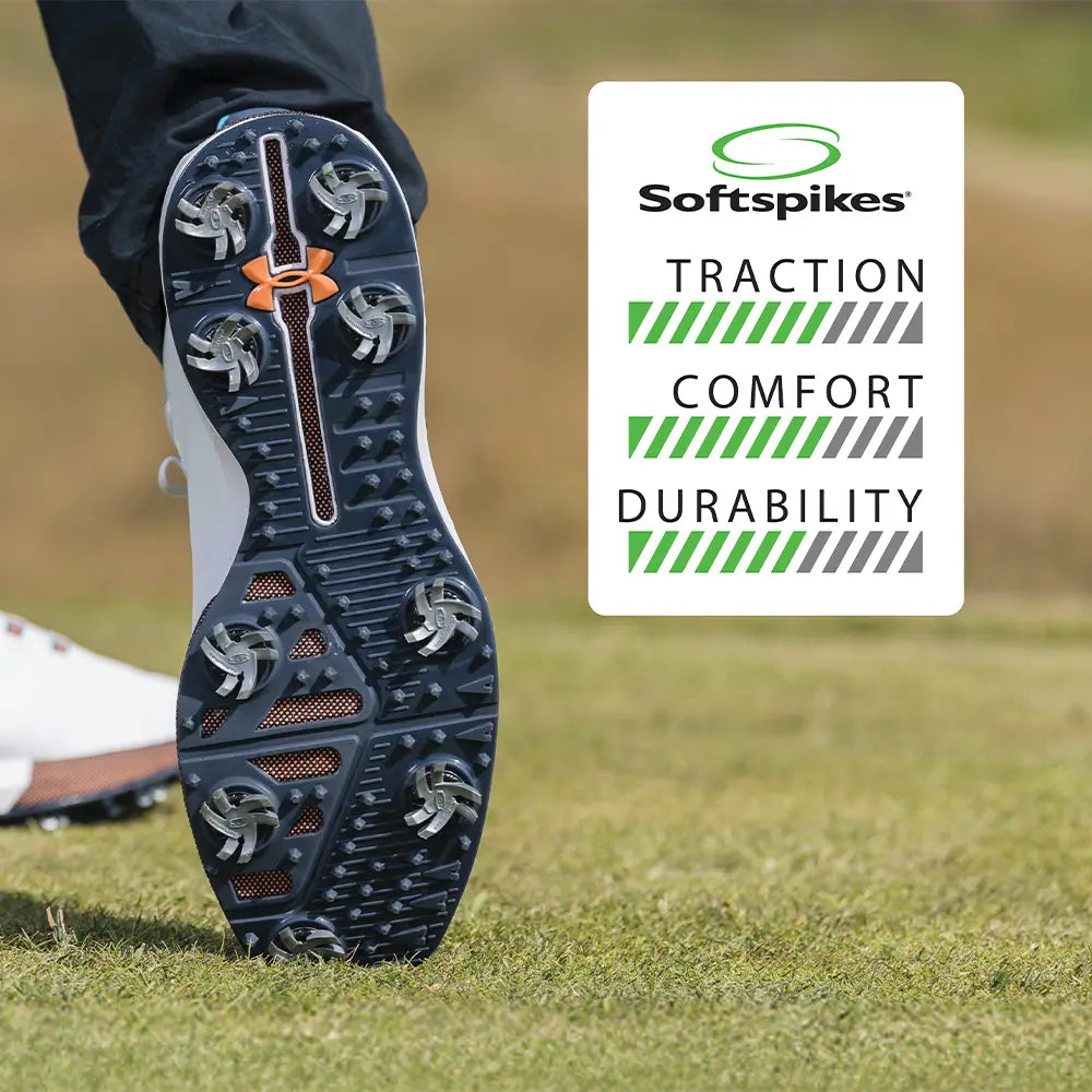 Silver Tornado Spikes attached to a golf shoe showing the traction, comfort and durability gauges. 