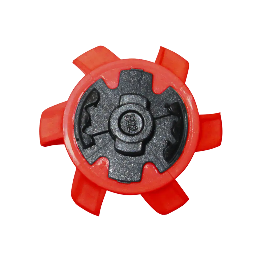 Bottom view of the Stealth Golf Spikes PINS Chilling Red/Black. 