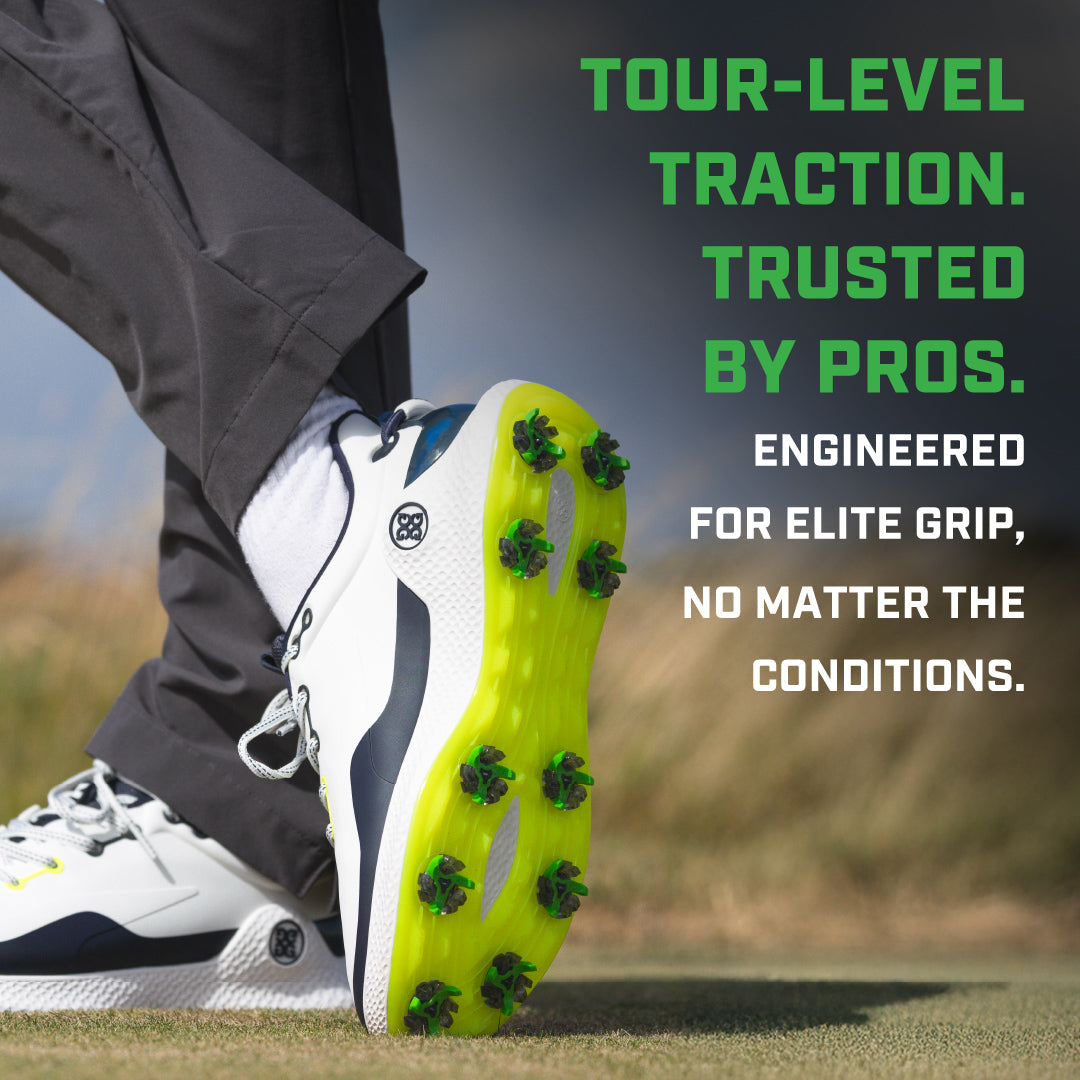 Tour Flex Pro Spike on a golf shoe showing the benefit of it being a tour-level traction trusted by pros. 
