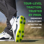 Tour Flex Pro Spike on a golf shoe showing the benefit of it being a tour-level traction trusted by pros. 