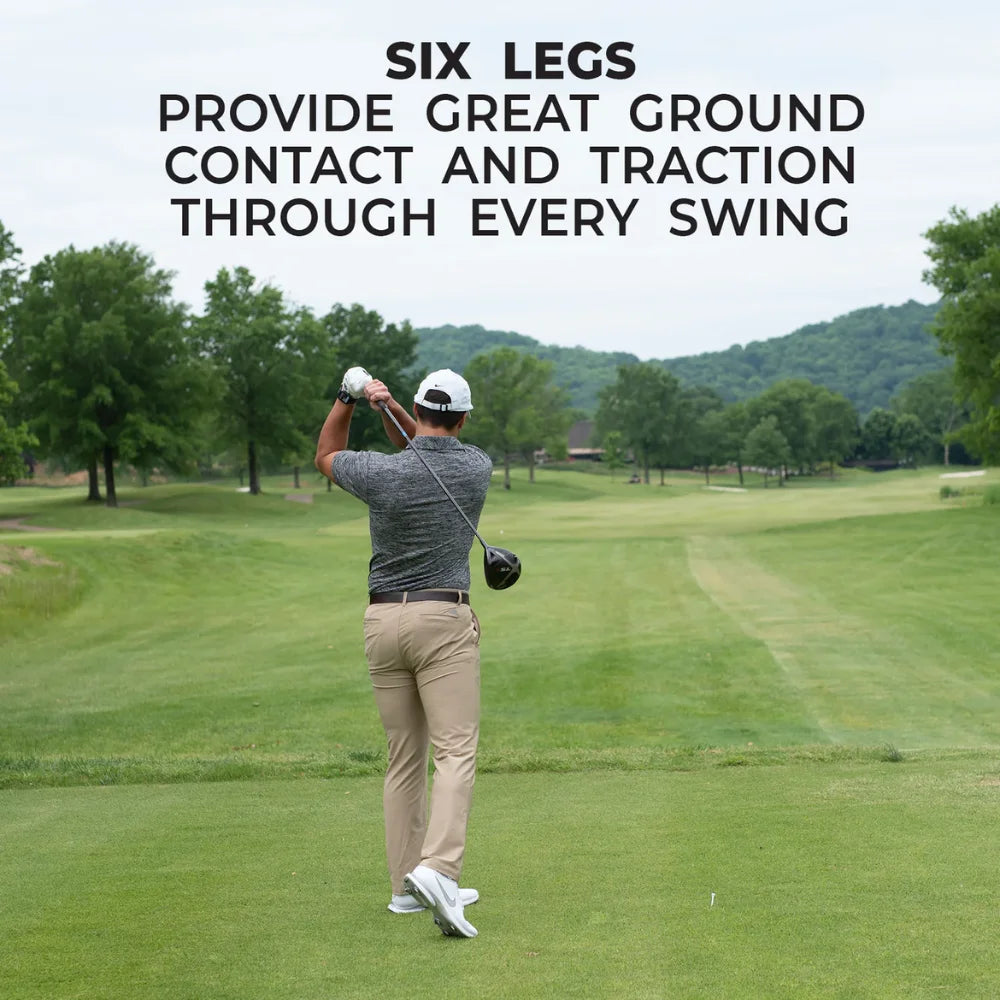 Man swinging a golf club. Text above him that says "Six Legs - Provide Great ground contact and traction through every swing."