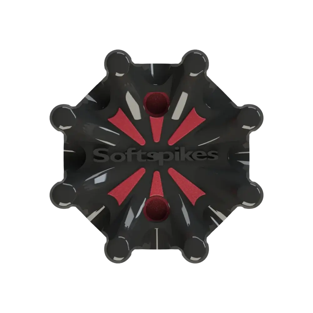 Front angle of black and red Pulsar Golf Spikes