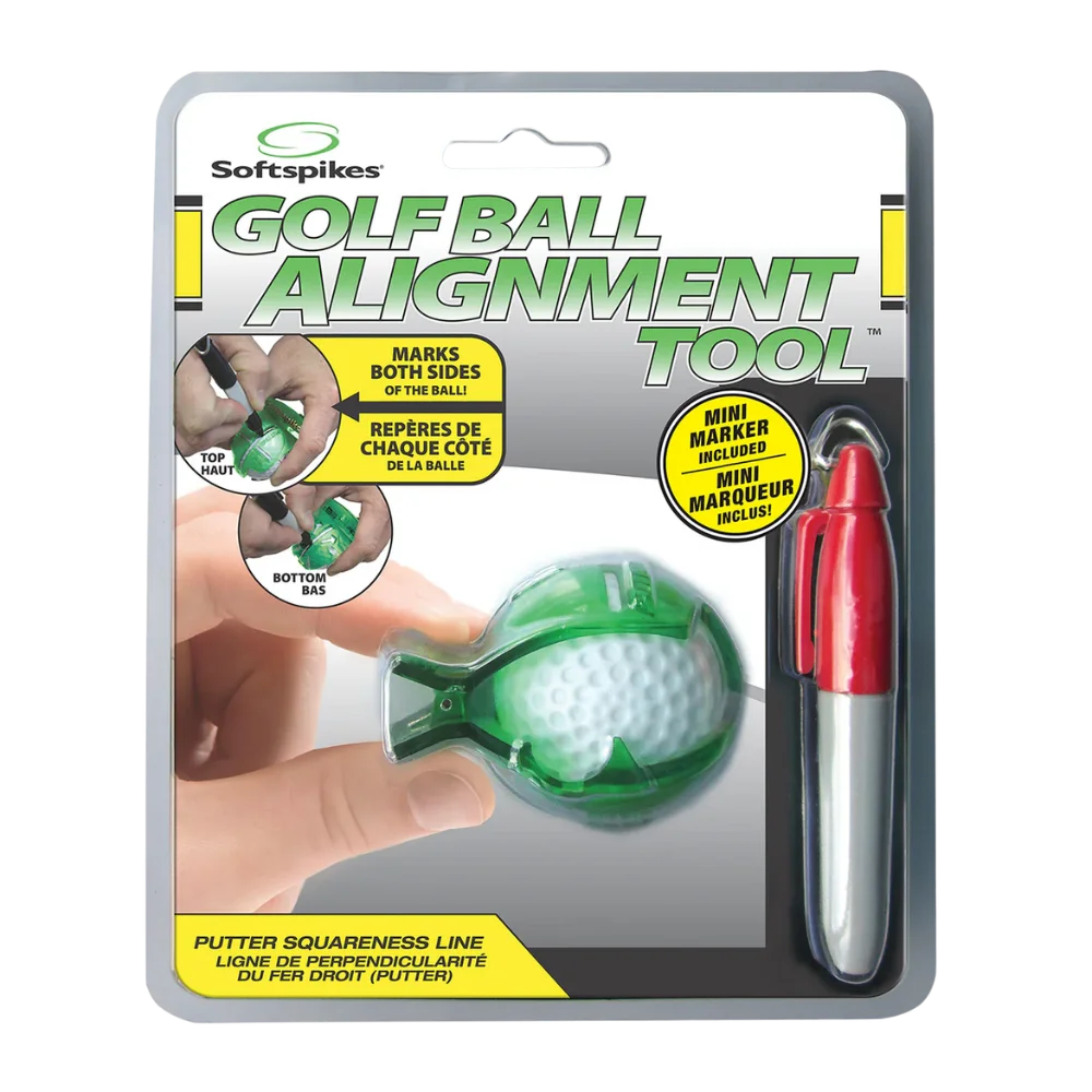 Golf ball alignment tool packaging with green golf ball and red marker on a white background