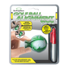 Golf ball alignment tool packaging with green golf ball and red marker on a white background