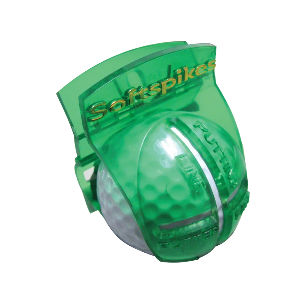 Green golf ball alignment tool with 'Softspikes' branding on a white background