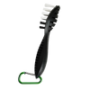 Black utility brush with white bristles and a green carabiner clip on a white background