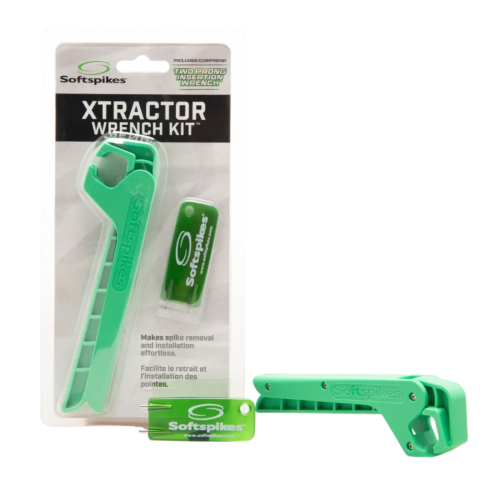A green Softspikes Xtractor Wrench Kit with a two-prong insertion wrench and an additional tool, packaged for easy spike removal and installation.